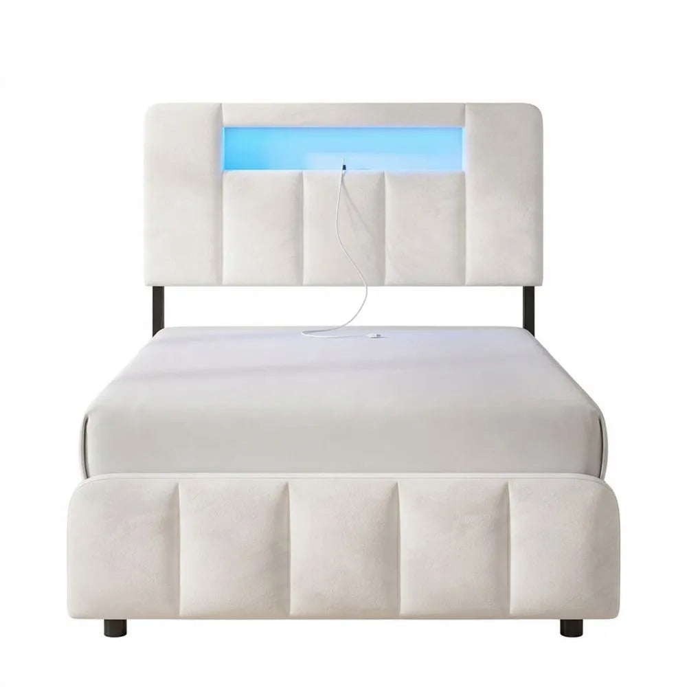 Stauraumbett 90x200 cm mit LED und Ladestation, Einzelbett in Beige Samt