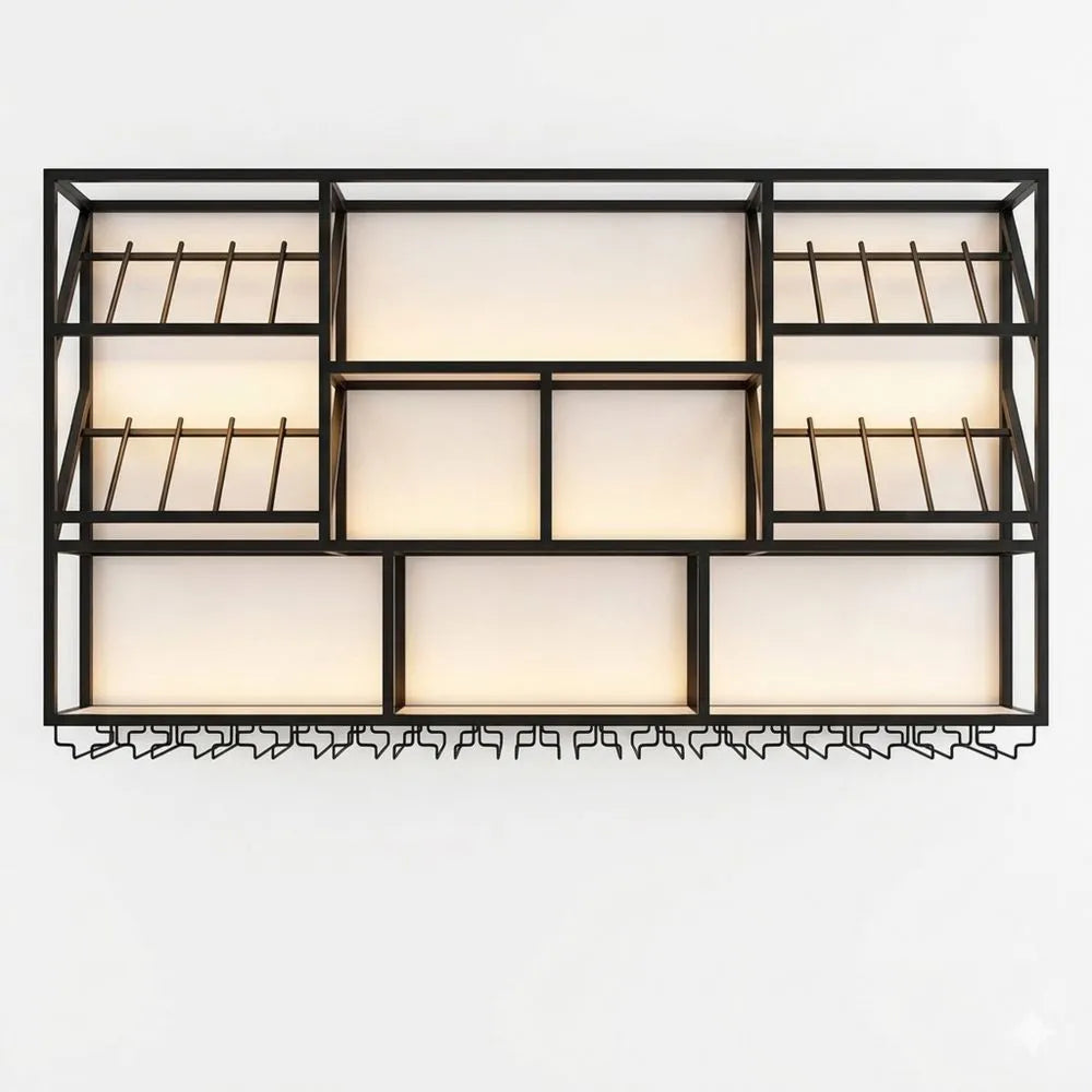 Industrielles Wand-Weinregal mit Glashalter, 3 Ebenen, Metall, Schwarz
