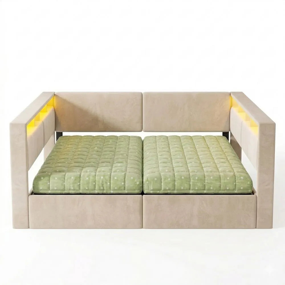 Modernes Schlafsofa mit USB-Anschluss und hydraulischem Stauraum, 140x200 cm Bett mit LED-Leuchte und Lattenrost, Samt Beige