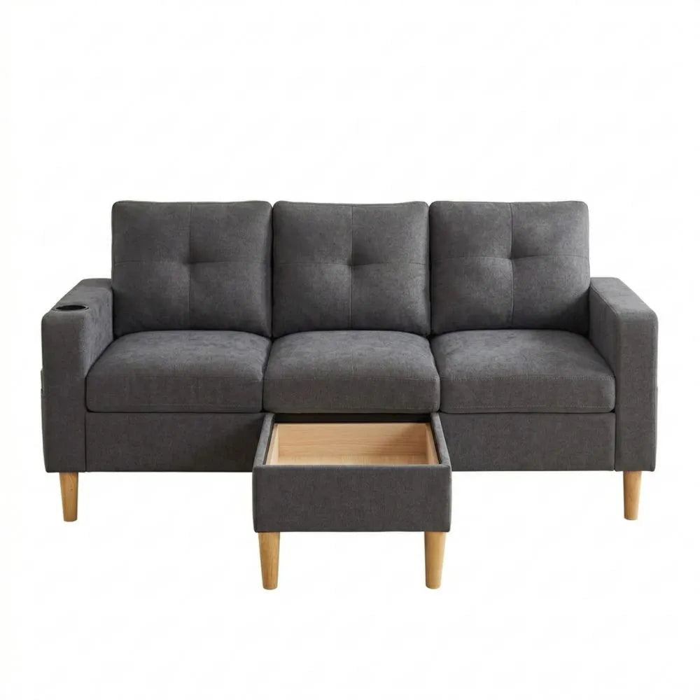 Ecksofa mit Stauraum und Getränkehalter, L-Form Baumwoll-Leinen, Dunkelgrau