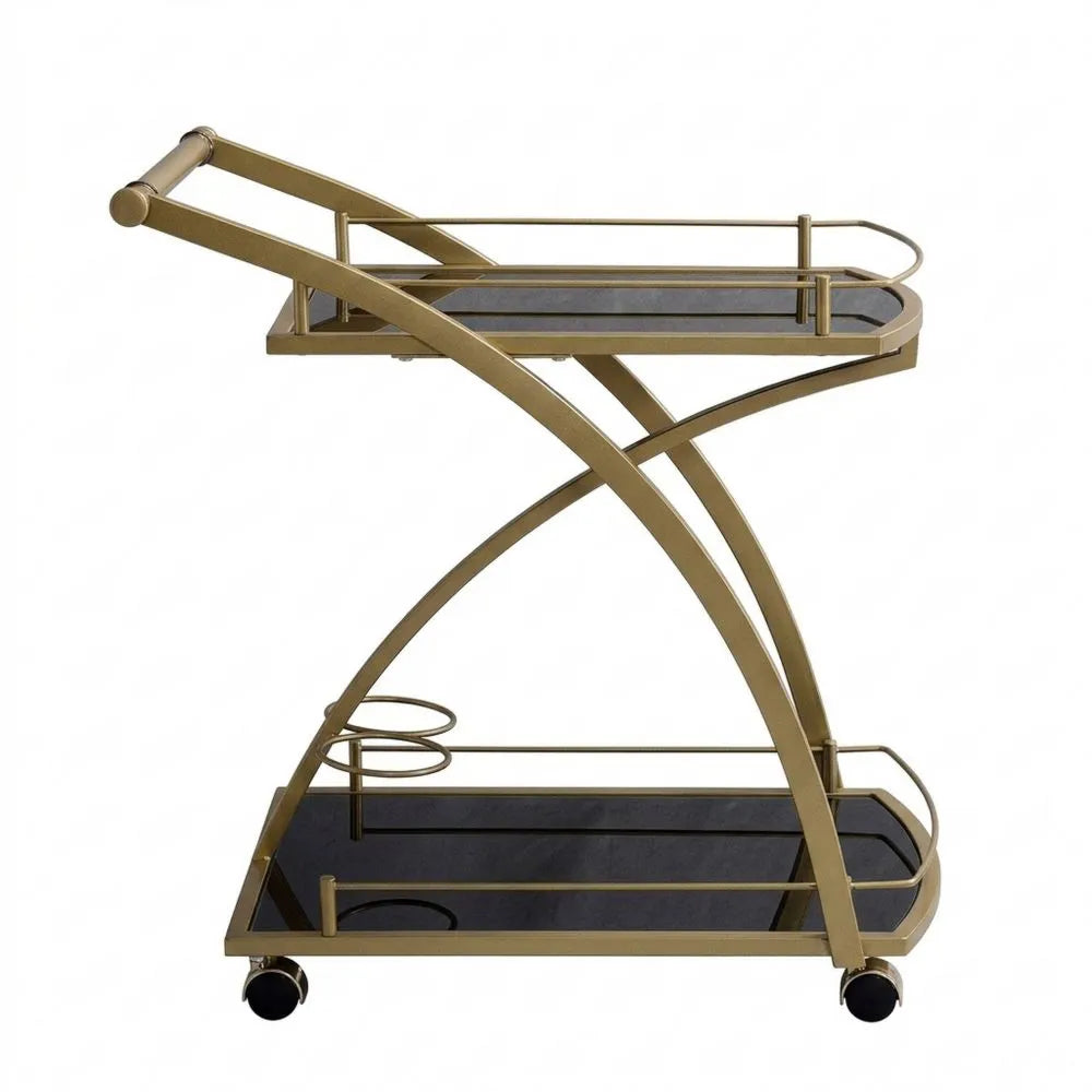 Moderner Servierwagen in Gold mit schwarzem Glas