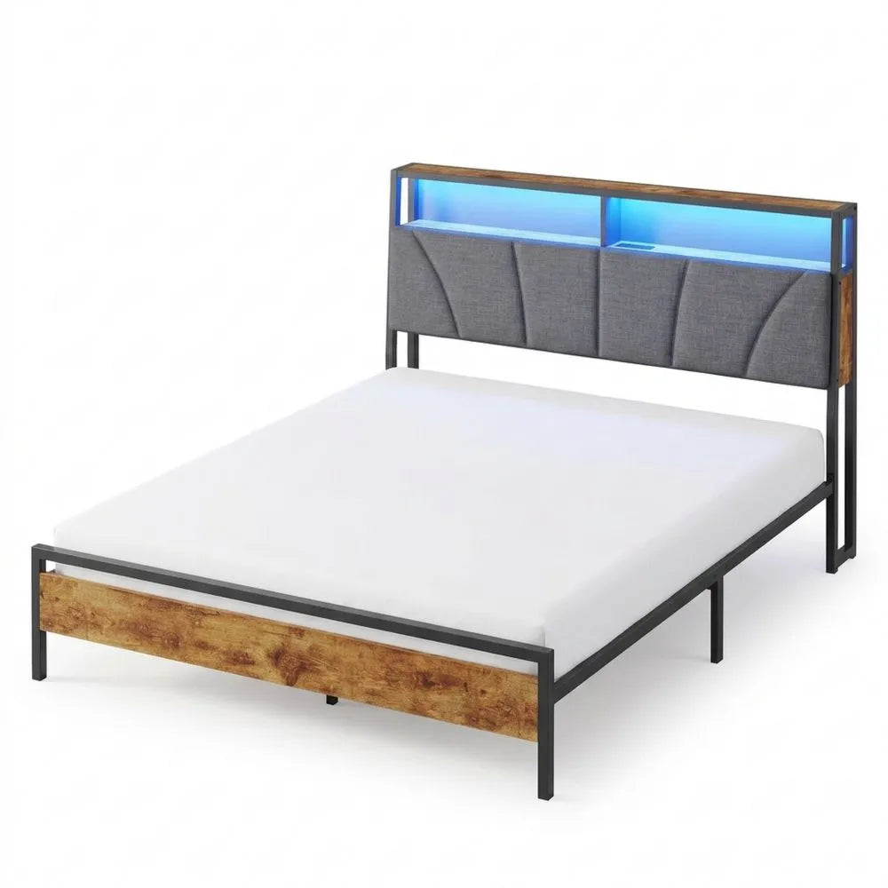 Modernes Doppelbett 180x200 cm mit LED, Kopfteil und Ladestation, Grau